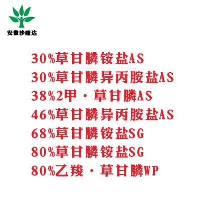 30%草甘膦銨鹽AS， 30%草甘膦異丙胺鹽AS， 38%2甲·草甘膦AS， 46%草甘膦異丙胺鹽AS， 68%草甘膦銨鹽SG，80%草甘膦銨鹽SG ，80%乙羧·草甘膦WP